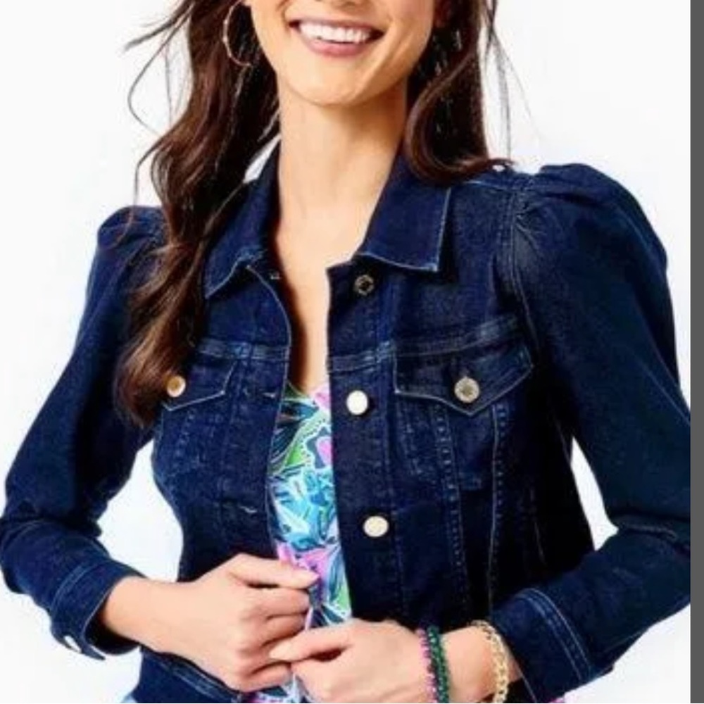 HTF Lilly Pulitzer Laylani Denim Jacket SZ Large Dark Cosmic Wash